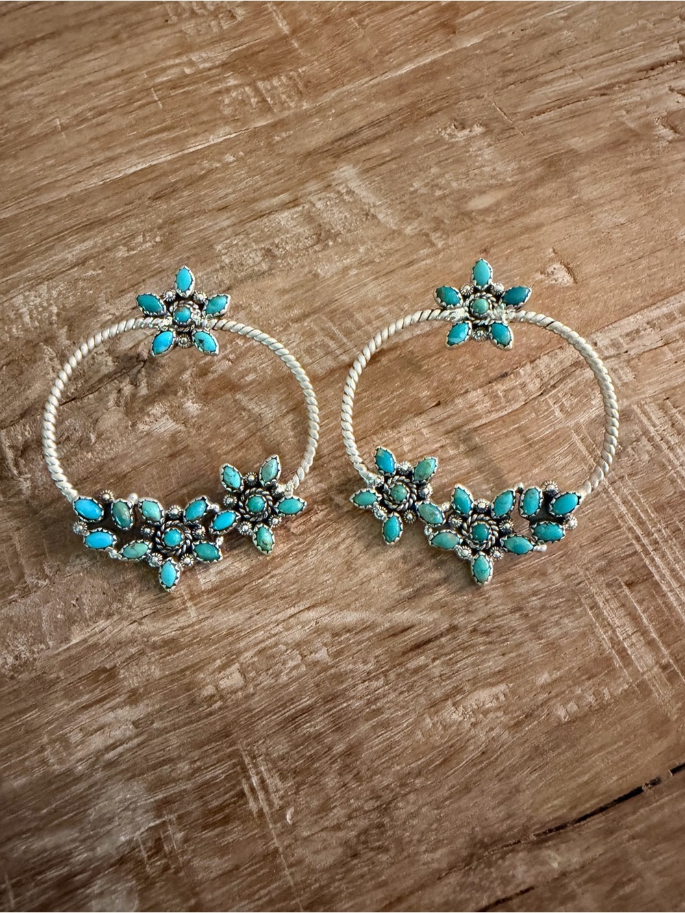 Kingman Turquoise Floral Earrings with Rope Hoop Design - Women Jewelry